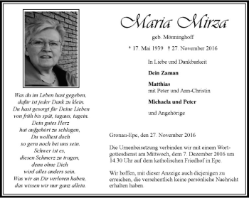 Anzeige von Maria Mirza von Westfälische Nachrichten
