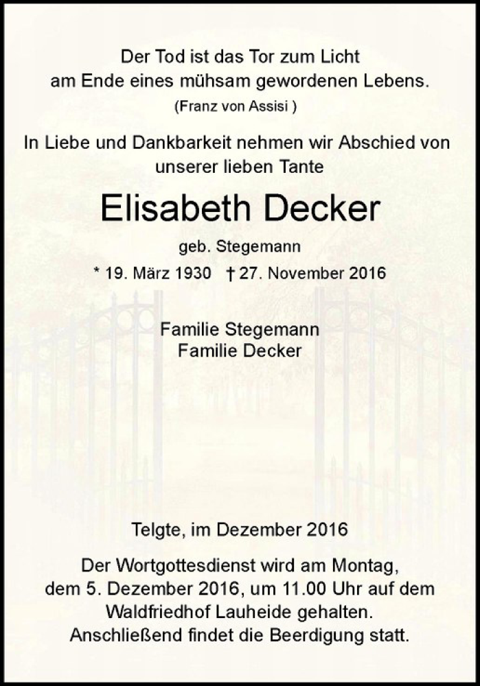  Traueranzeige für Elisabeth Decker vom 03.12.2016 aus Westfälische Nachrichten