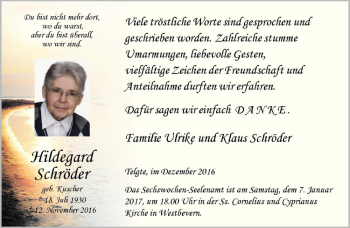 Anzeige von Hildegard Schröder von Westfälische Nachrichten