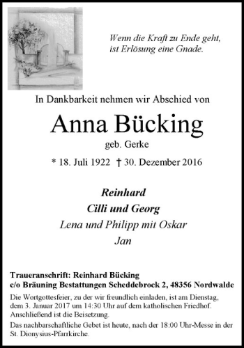 Anzeige von Anna Bücking von Westfälische Nachrichten