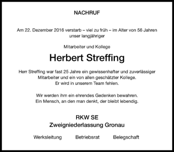 Anzeige von Herbert Streffing von Westfälische Nachrichten