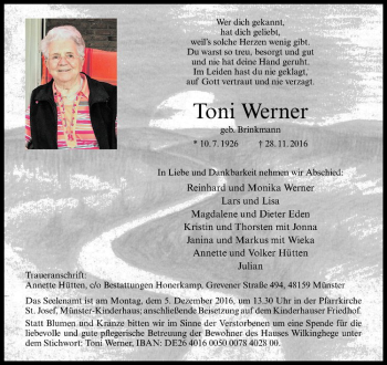 Anzeige von Toni Werner von Westfälische Nachrichten