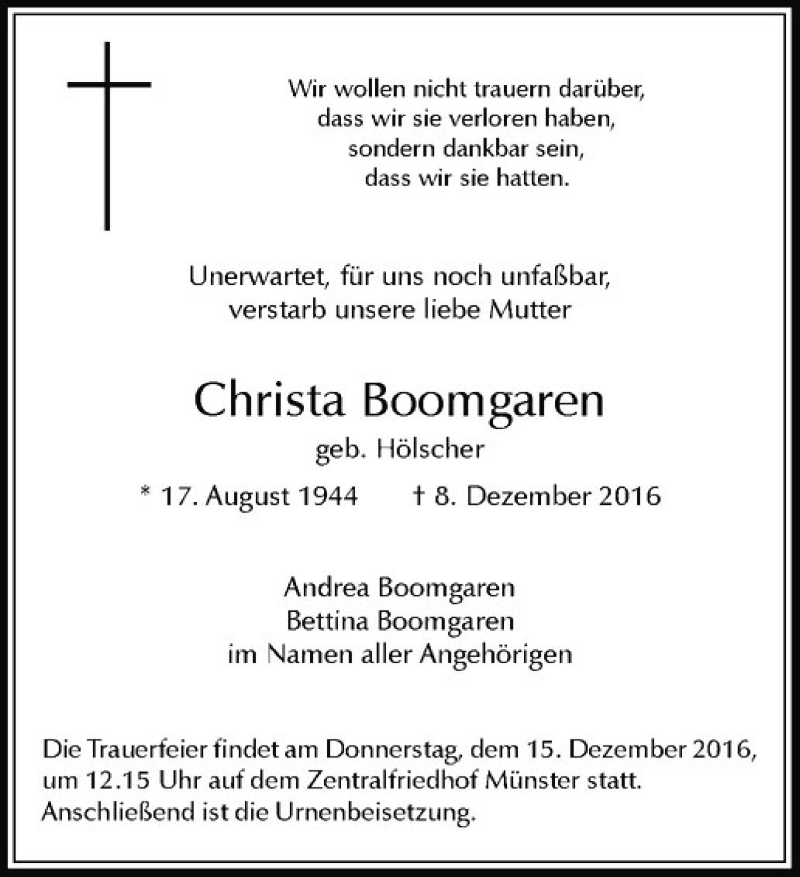  Traueranzeige für Christa Boomgaren vom 10.12.2016 aus Westfälische Nachrichten