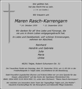 Anzeige von Maren Rasch-Karrengarn von Westfälische Nachrichten