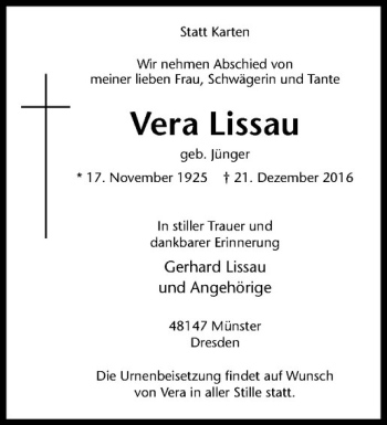 Anzeige von Vera Lissau von Westfälische Nachrichten