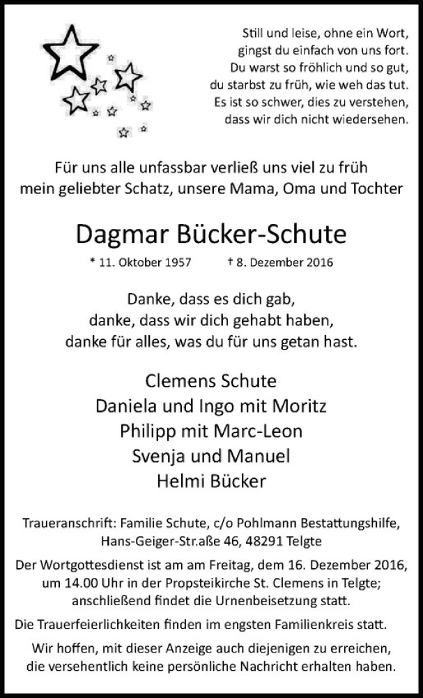  Traueranzeige für Dagmar Bücker-Schute vom 15.12.2016 aus Westfälische Nachrichten