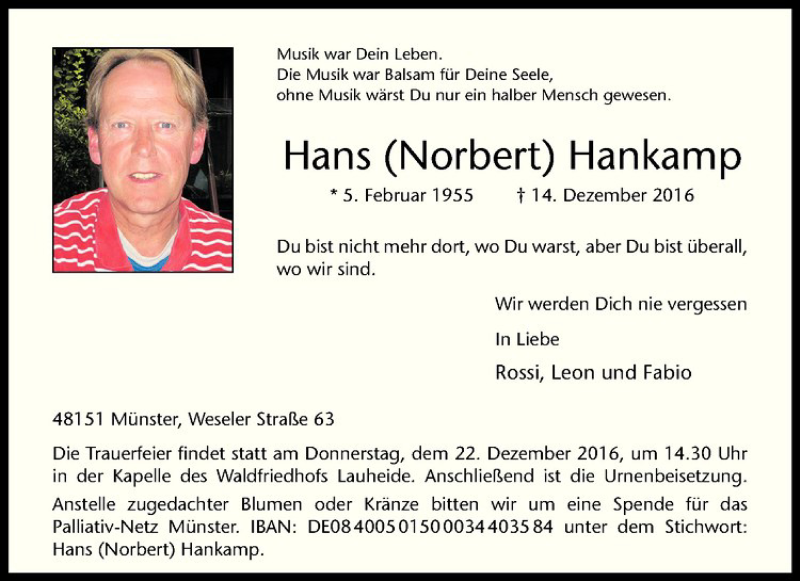 Traueranzeige für Hans Norbert Hankamp vom 17.12.2016 aus Westfälische Nachrichten