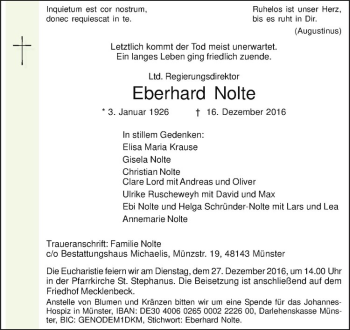 Anzeige von Eberhard Nolte von Westfälische Nachrichten
