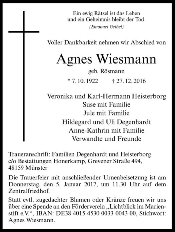 Anzeige von Agnes Wiesmann von Westfälische Nachrichten