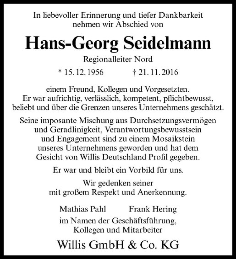  Traueranzeige für Hans-Georg Seidelmann vom 03.12.2016 aus Westfälische Nachrichten