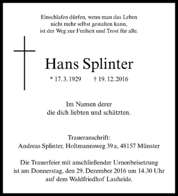 Anzeige von Hans Splinter von Westfälische Nachrichten