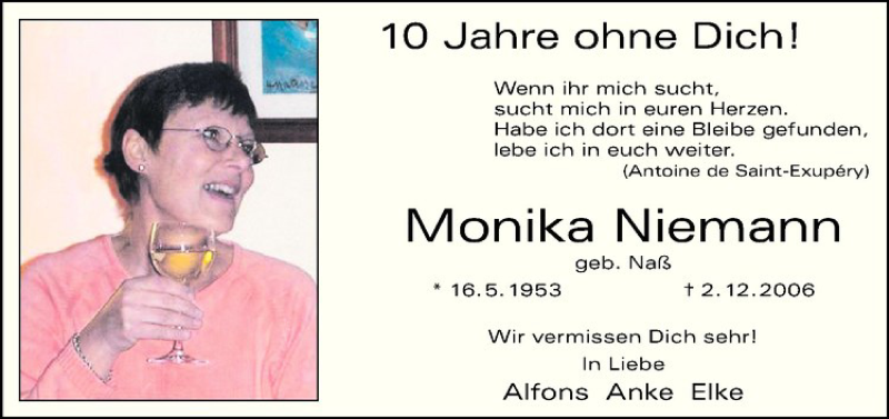  Traueranzeige für Monika Niemann vom 02.12.2016 aus Westfälische Nachrichten