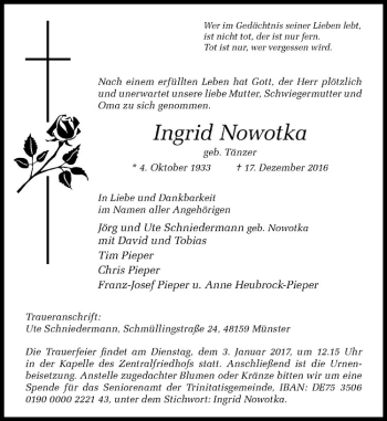 Anzeige von Ingrid Nowotka von Westfälische Nachrichten