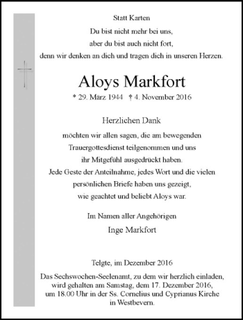 Anzeige von Aloys Markfort von Westfälische Nachrichten