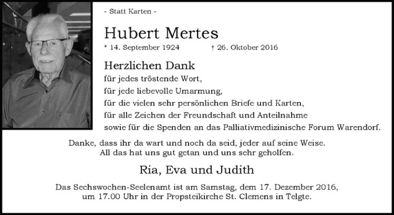  Traueranzeige für Hubert Mertes vom 10.12.2016 aus Westfälische Nachrichten