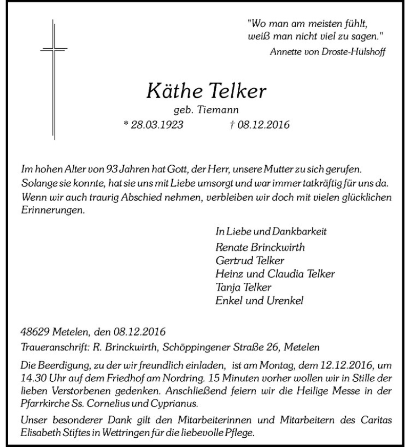  Traueranzeige für Käthe Telker vom 10.12.2016 aus Westfälische Nachrichten