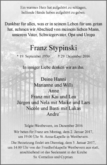 Anzeige von Franz Stypinski von Westfälische Nachrichten