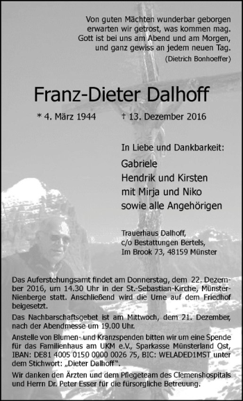 Anzeige von Franz-Dieter Dalhoff von Westfälische Nachrichten