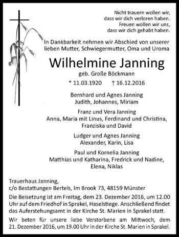 Anzeige von Wilhelmine Janning von Westfälische Nachrichten