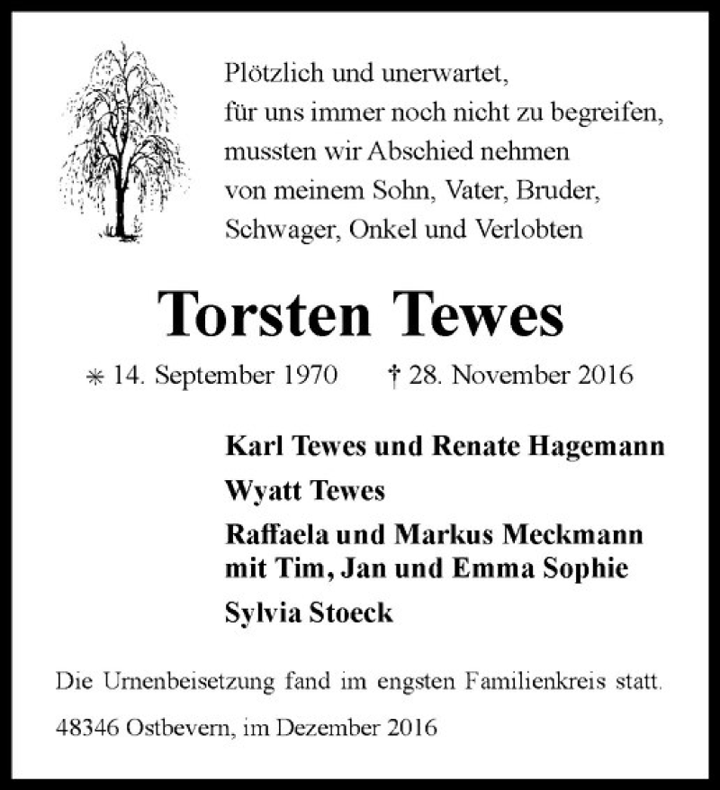 Traueranzeige für Torsten Tewes vom 17.12.2016 aus Westfälische Nachrichten