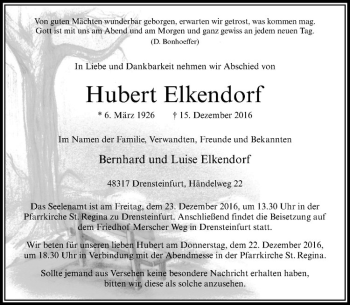 Anzeige von Hubert Elkendorf von Westfälische Nachrichten
