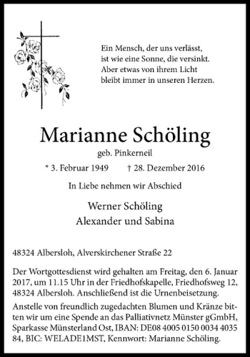 Anzeige von Marianne Schöling von Westfälische Nachrichten