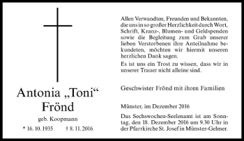 Anzeige von Antonia Frönd von Westfälische Nachrichten