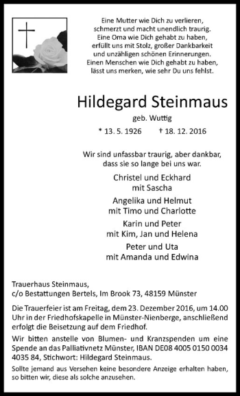 Anzeige von Hildegard Steinmaus von Westfälische Nachrichten