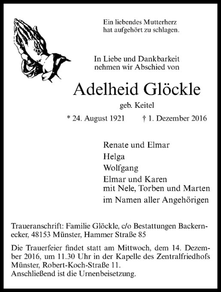  Traueranzeige für Adelheid Glöckle vom 03.12.2016 aus Westfälische Nachrichten