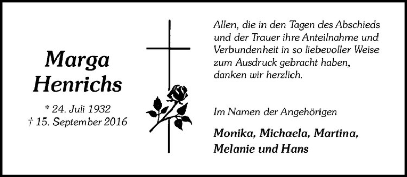  Traueranzeige für Marga Henrichs vom 03.12.2016 aus Westfälische Nachrichten