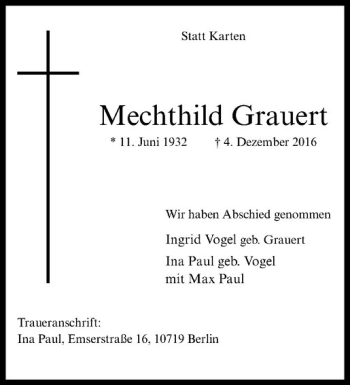 Anzeige von Mechthild Grauert von Westfälische Nachrichten