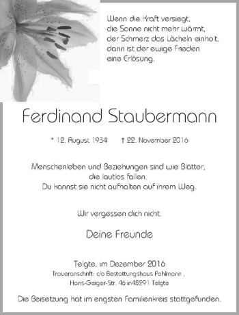 Anzeige von Ferdinand Staubermann von Westfälische Nachrichten