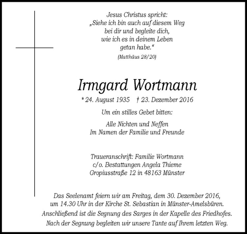  Traueranzeige für Irmgard Wortmann vom 28.12.2016 aus Westfälische Nachrichten