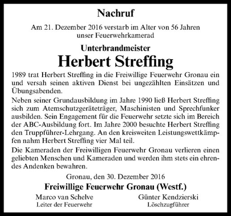  Traueranzeige für Herbert Streffing vom 30.12.2016 aus Westfälische Nachrichten