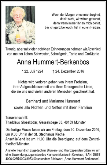 Anzeige von Anna Hummert-Berkenbos von Westfälische Nachrichten
