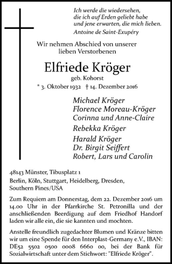 Anzeige von Elfriede Kröger von Westfälische Nachrichten
