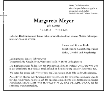 Anzeige von Margareta Meyer von Westfälische Nachrichten