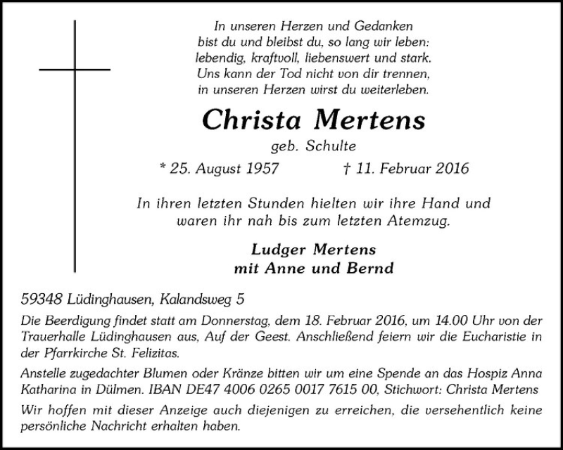  Traueranzeige für Christa Mertens vom 15.02.2016 aus Westfälische Nachrichten