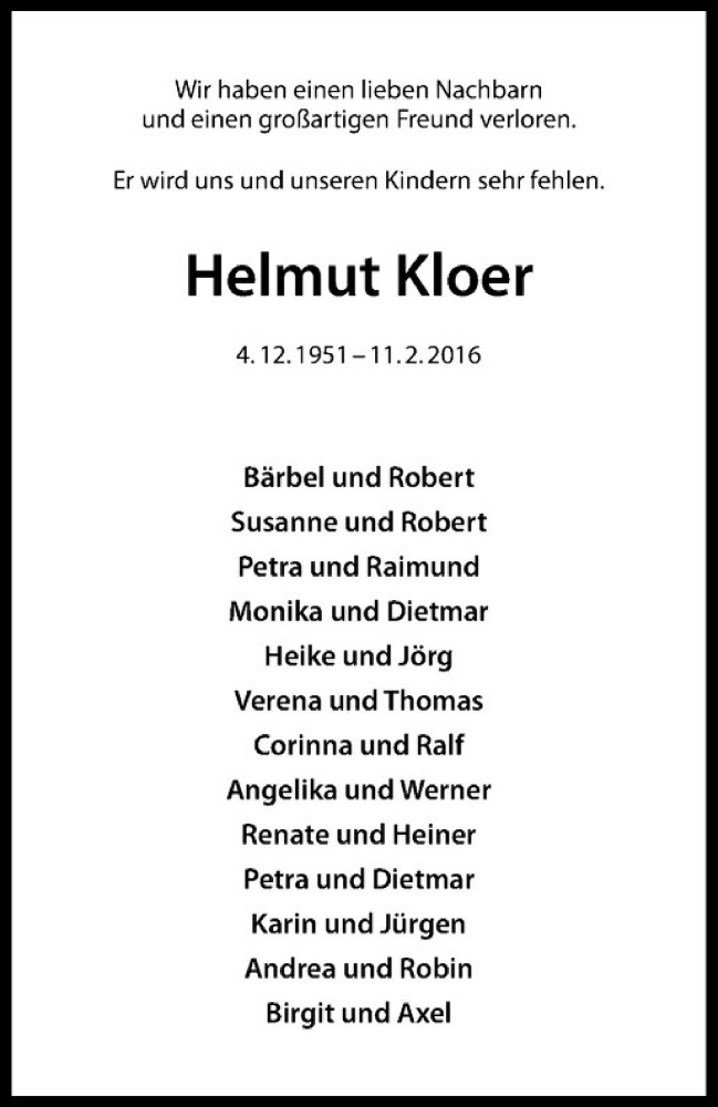  Traueranzeige für Helmut Kloer vom 16.02.2016 aus Westfälische Nachrichten