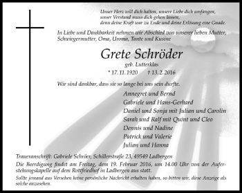 Anzeige von Grete Schröder von Westfälische Nachrichten
