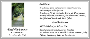 Anzeige von Friedolin Bäumer von Westfälische Nachrichten