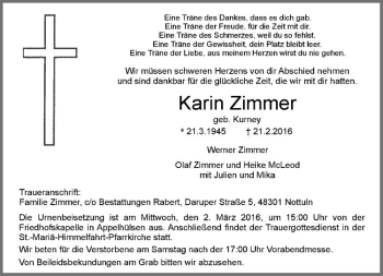 Anzeige von Zimmer Karin von Westfälische Nachrichten
