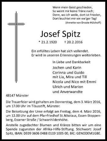 Anzeige von Josef Spitz von Westfälische Nachrichten