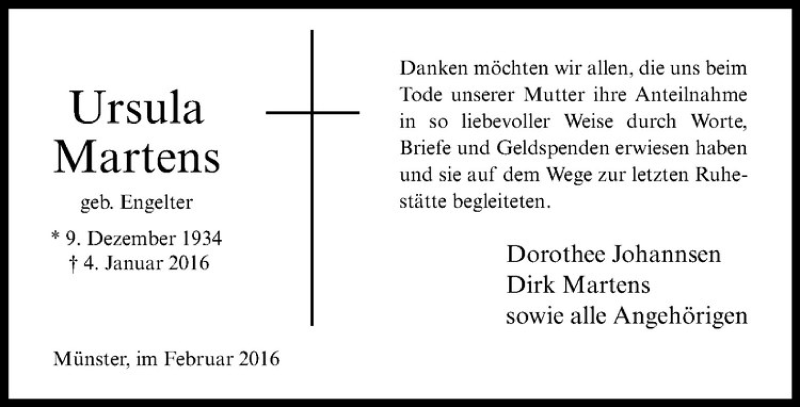  Traueranzeige für Ursula Martens vom 13.02.2016 aus Westfälische Nachrichten