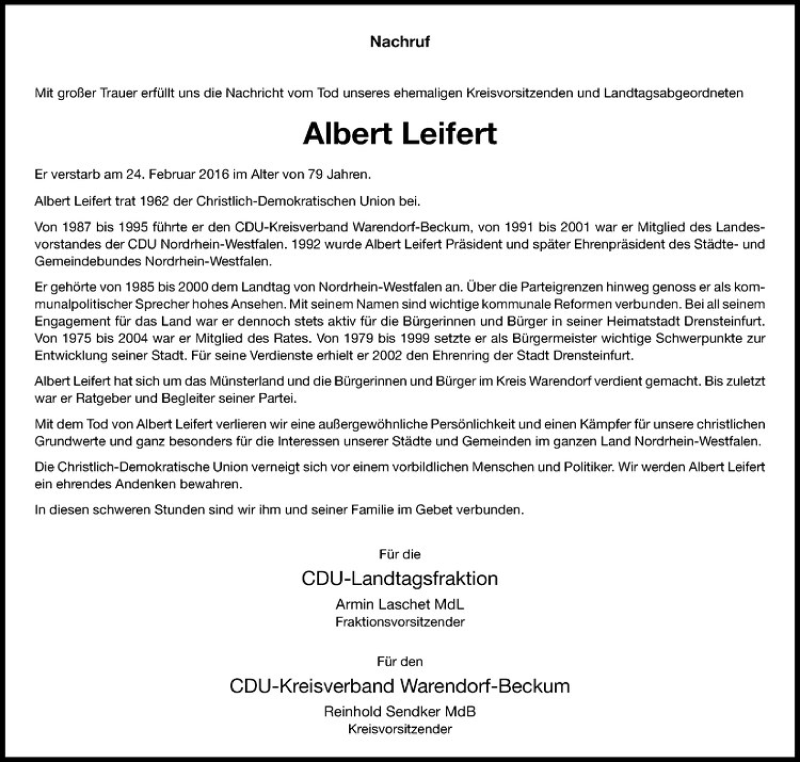  Traueranzeige für Albert Leifert vom 27.02.2016 aus Westfälische Nachrichten