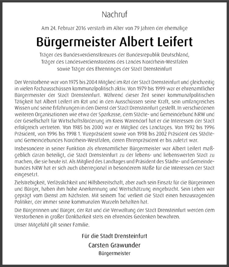  Traueranzeige für Albert Leifert vom 27.02.2016 aus Westfälische Nachrichten