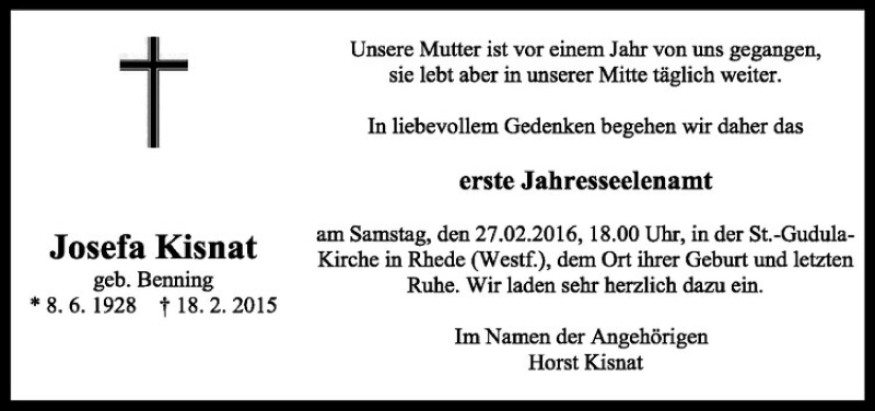  Traueranzeige für Josefa Kisnat vom 20.02.2016 aus Westfälische Nachrichten