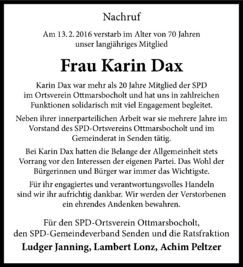  Traueranzeige für Karin Dax vom 20.02.2016 aus Westfälische Nachrichten
