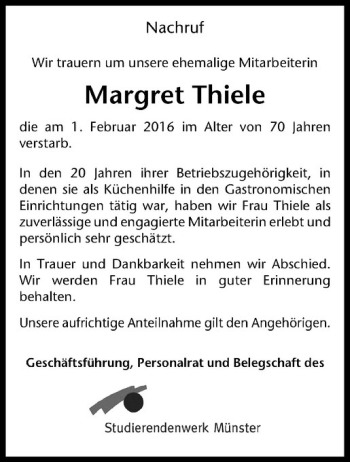 Anzeige von Margret Thiele von Westfälische Nachrichten