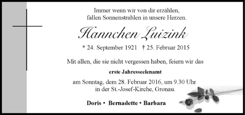  Traueranzeige für Hannchen Luizink vom 25.02.2016 aus Westfälische Nachrichten